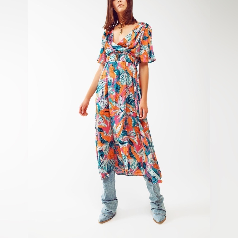 NWT Q2 Floral Belted Wrap Maxi Dress Orange Pink